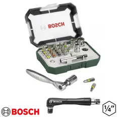   BOSCH 2607017392 bithegy készlet racsnis hajtószárral és sarokcsavarozó adapterrel 1/4" (27 részes)