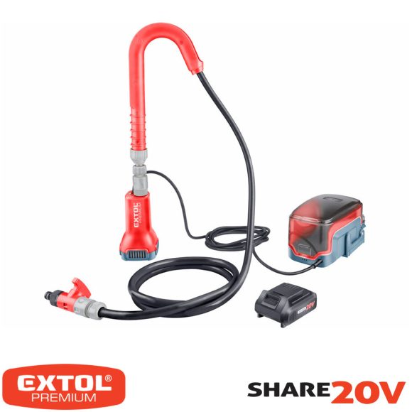 Extol Premium 8891930 akkus hordóürítő szivattyú, Share20V Li-Ion - max 1,9 m3/h (2Ah akkuval, töltővel)