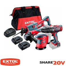  Extol Premium 8898314 akkus gépszett táskában, Share 20V Li-ion (fúró-csavarozó, sarokcsiszoló, szablyafűrész, excenter csiszoló)