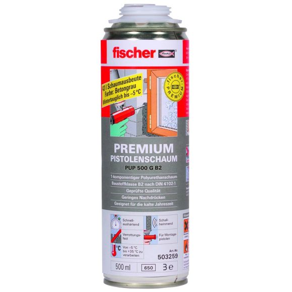 fischer PUP 500 G B2 egykomponensű pisztolyhab (szürke, nagyhozamú) 500 ml