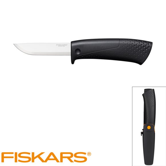 Fiskars 1023617 építőipari kés tokba épített élezővel - 21 cm (9 cm pengehossz)