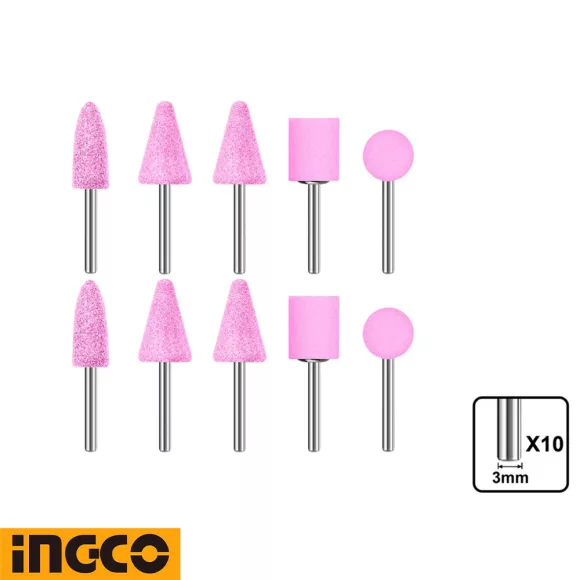 Ingco AKB1012 csiszolókő készlet egyenes csiszolóhoz, Ø 3 mm - 10 darabos