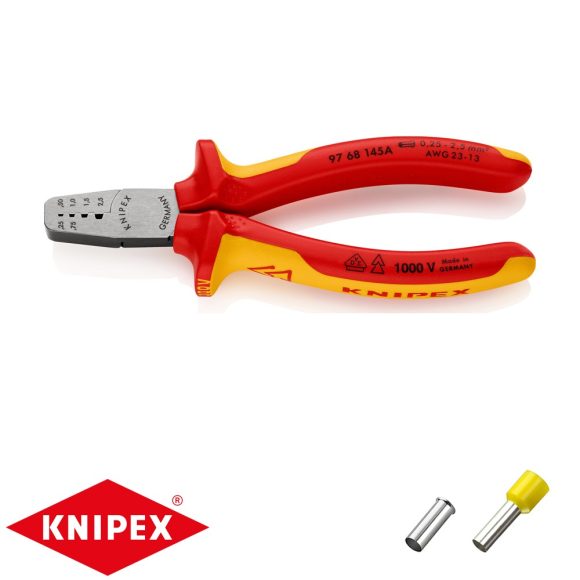 Knipex 97 68 145A krimpelő fogó szigetelt és szigeteletlen érvéghüvelyhez (0,25-2,5 mm2) (VDE, 145 mm)