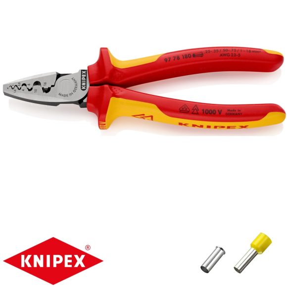 Knipex 97 78 180 krimpelő fogó szigetelt és szigeteletlen érvéghüvelyhez (0,25-16 mm2) (VDE, 180 mm)