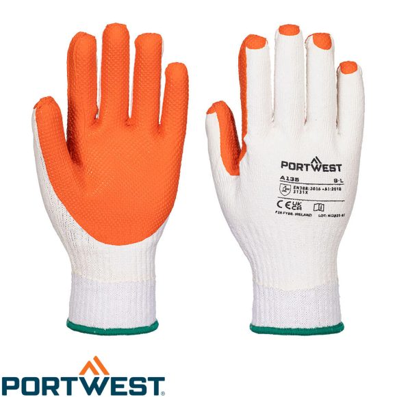 PORTWEST A135 Tough Grip strapabíró vastag latex tenyérmártott kesztyű 3131X - méret: 9 (fehér-narancs)