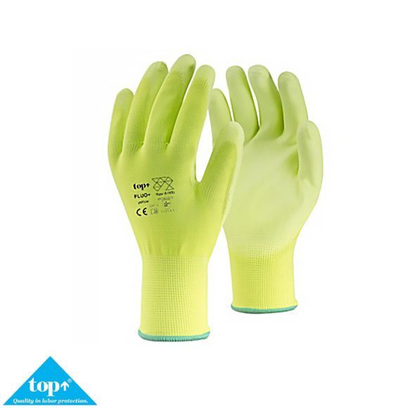 TOP Fluo-Y Plus PU mártott védőkesztyű, fluo sárga, 3121XX (méret: 7)