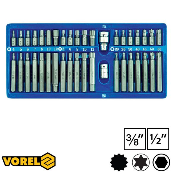 Vorel 66400 TX, HEX, Spline bithegy készlet, CrV, 1/2" és 3/8" négyzet >>>10mm bit (40 részes)