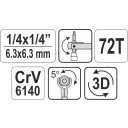 Yato YT-03311 racsnis hajtószár 1/4" dugókulcs és bit CrV, 72T forgófejes - 115 mm