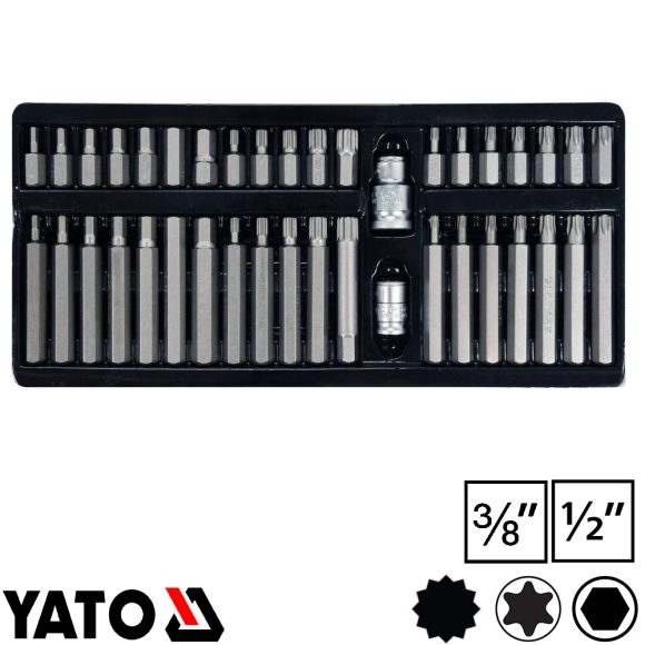 Yato YT-0400 TX, HEX, Spline bithegy készlet, S2 acél, 1/2" és 3/8" négyzet >>>10mm bit (40 részes)