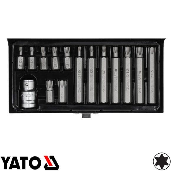 Yato YT-0411 torx bithegy készlet, S2 acél, 1/2" négyzet >>>3/8" bit adapterrel, T20-55 (15 részes)