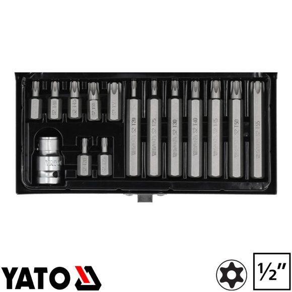 Yato YT-0417 lyukas torx bithegy készlet, S2 acél, 1/2" négyzet >>>3/8" bit adapterrel, TTA20-55 (15 részes)