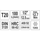 Yato YT-04320 dugókulcs hosszú torx  bit CrV/S2 acél 1/2" - T20 (L=100mm)