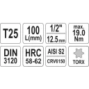 Yato YT-04321 dugókulcs hosszú torx  bit CrV/S2 acél 1/2" - T25 (L=100mm)