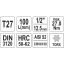 Yato YT-04322 dugókulcs hosszú torx  bit CrV/S2 acél 1/2" - T27 (L=100mm)