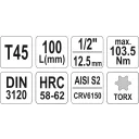 Yato YT-04325 dugókulcs hosszú torx  bit CrV/S2 acél 1/2" - T45 (L=100mm)