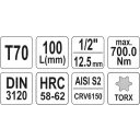 Yato YT-04329 dugókulcs hosszú torx  bit CrV/S2 acél 1/2" - T70 (L=100mm)