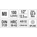 Yato YT-04352 SPLINE dugókulcs bit CrV/S2, 1/2" - M8 (L=100mm)