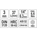Yato YT-04370 dugókulcs imbusz  bit CrV/S2 acél 1/4" - 3 mm (L=37mm)