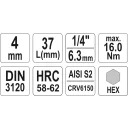 Yato YT-04371 dugókulcs imbusz  bit CrV/S2 acél 1/4" - 4 mm (L=37mm)