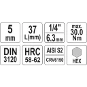 Yato YT-04372 dugókulcs imbusz  bit CrV/S2 acél 1/4" - 5 mm (L=37mm)