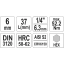 Yato YT-04373 dugókulcs imbusz  bit CrV/S2 acél 1/4" - 6 mm (L=37mm)