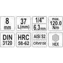 Yato YT-04375 dugókulcs imbusz  bit CrV/S2 acél 1/4" - 8 mm (L=37mm)