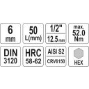Yato YT-04382 dugókulcs imbusz  bit CrV/S2 acél 1/2" - 6 mm (L=50mm)