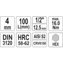 Yato YT-04390 dugókulcs imbusz  bit CrV/S2 acél 1/2" - 4 mm (L=100mm)