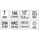 Yato YT-04393 dugókulcs imbusz  bit CrV/S2 acél 1/2" - 7 mm (L=100mm)