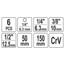 Yato YT-04629 dugókulcs adapter készlet CrV, 6 részes (1/4" bit>>>1/4"-3/8"-1/2" négyzet)