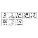 Yato YT-04641 csuklós dugókulcs adapter készlet 1/4" hex >>> 1/4"-3/8"-1/2" négyzet , CrV (L=125 mm)