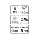 Yato YT-10652 gépi dugókulcs SPLINE bit készlet 1/2" CrMo, 6 részes M14-M18