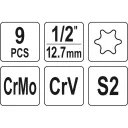 Yato YT-10664 gépi dugókulcs Torx bit készlet 1/2" CrMo, S2, 9 részes T30-T70