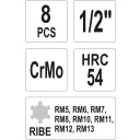 Yato YT-1068 gépi dugókulcs RIBE bit készlet 1/2" CrMo, 8 részes RM5-RM13 mm