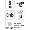 Yato YT-1069 gépi dugókulcs SPLINE bit készlet 1/2" CrMo, 8 részes M5-M18 mm