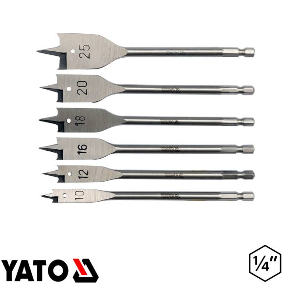 Yato YT-3258 lapos fafúrószár készlet, 1/4" bit, 6 db - 10-25 mm x152 mm