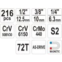 Yato YT-38841 dugókulcs készlet 1/4"+3/8"+1/2" CrV 4-32 mm, 216 részes