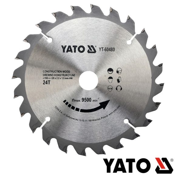 Yato YT-60480 körfűrészlap (építőipari fa), Ø 160x2.2/1.5x20.0 mm, 24T