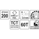Yato YT-6091 körfűrészlap (alumínium), Ø 200x3.0/2.2x30.0 mm, 60T